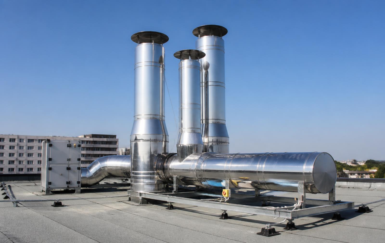 RVS rookgaskanalen en ventilatie-installatie op een plat dak